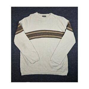 Vintage Tag Sport Mens Knit Grandpa Sweater M Cream Brown Stripe Crew Neck